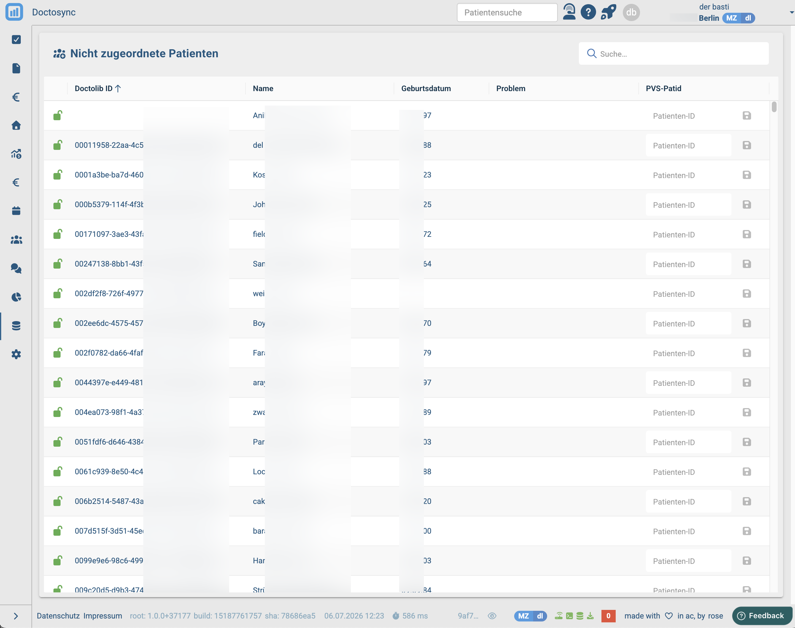 Doctosync mit Liste der nicht zugeordneten Patienten